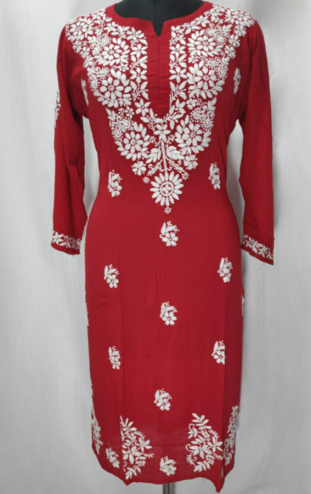 Zaarah Deep Red Handcrafted Soft Modal Cotton Chikankari Kurti