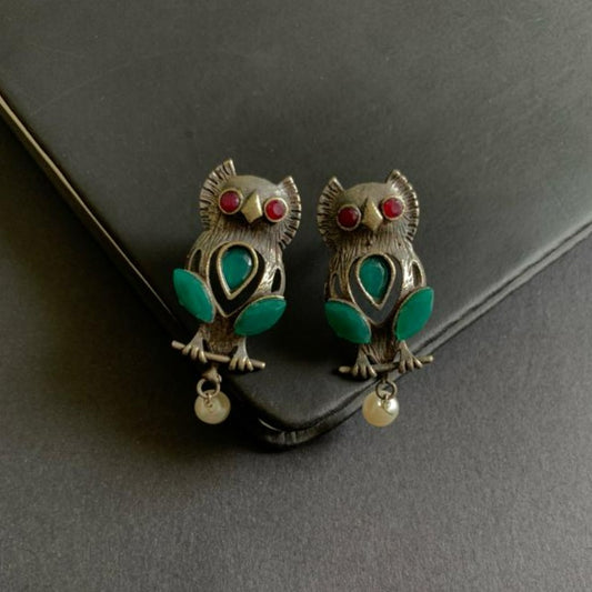 Strigi Owl Oxidized German Silver Statement Earrings