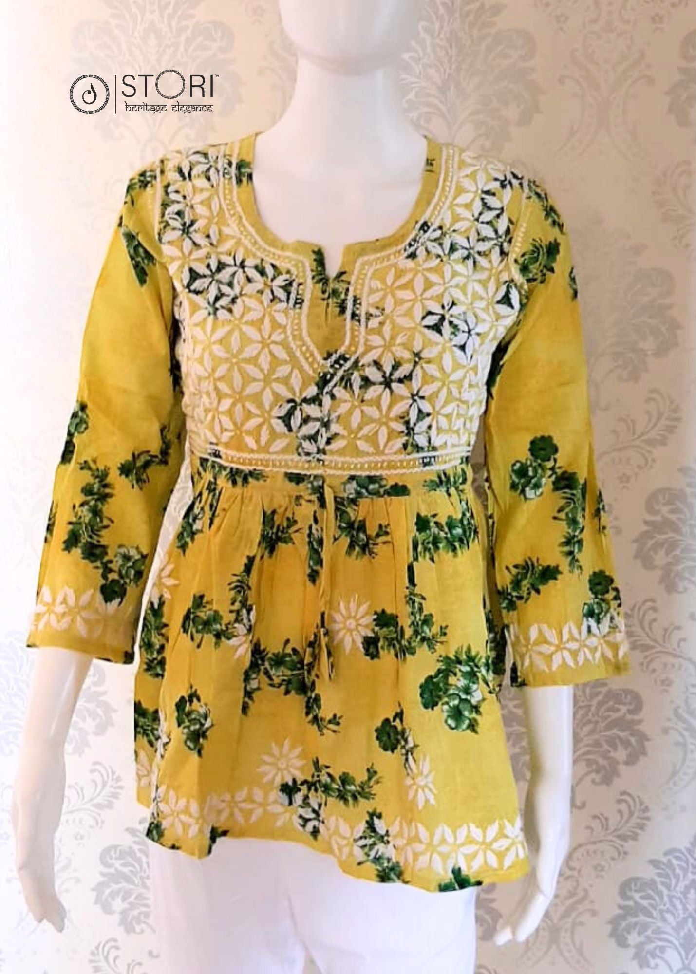 Floral Yellow Printed Cotton Mulmul Chikankari Short Kurti