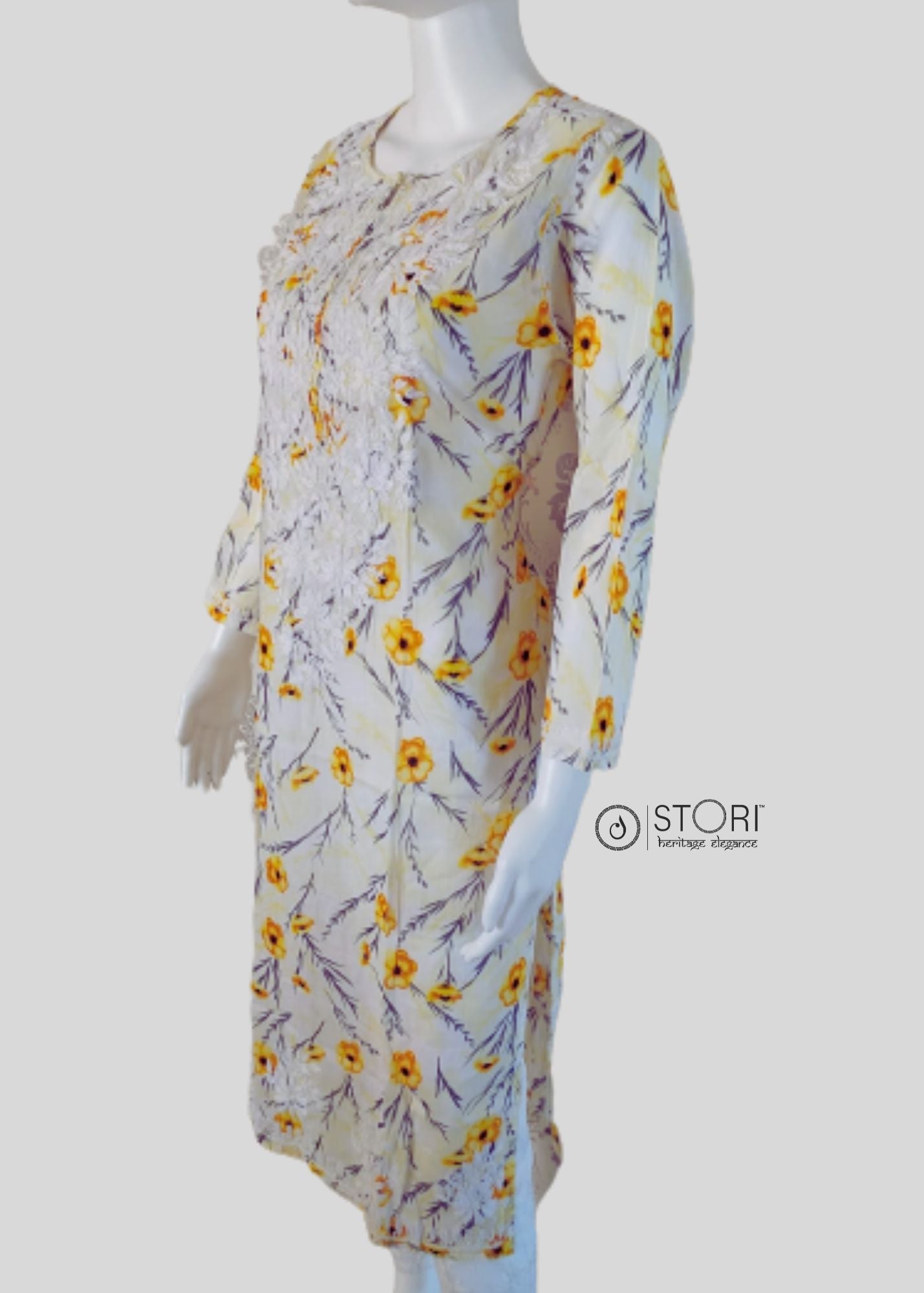 Floral Pale Yellow Cotton Mulmul Chikankari Kurti