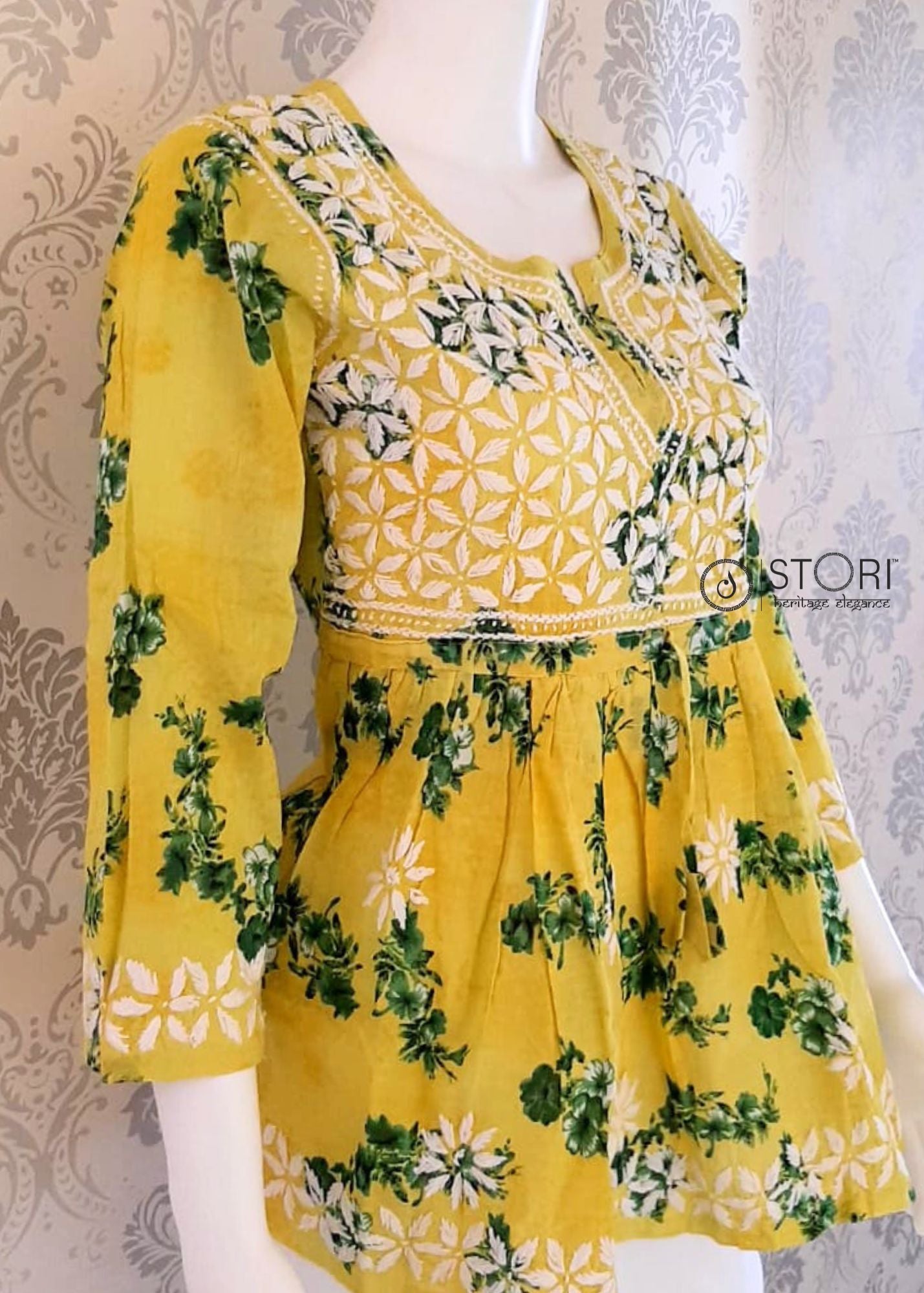 Floral Yellow Printed Cotton Mulmul Chikankari Short Kurti