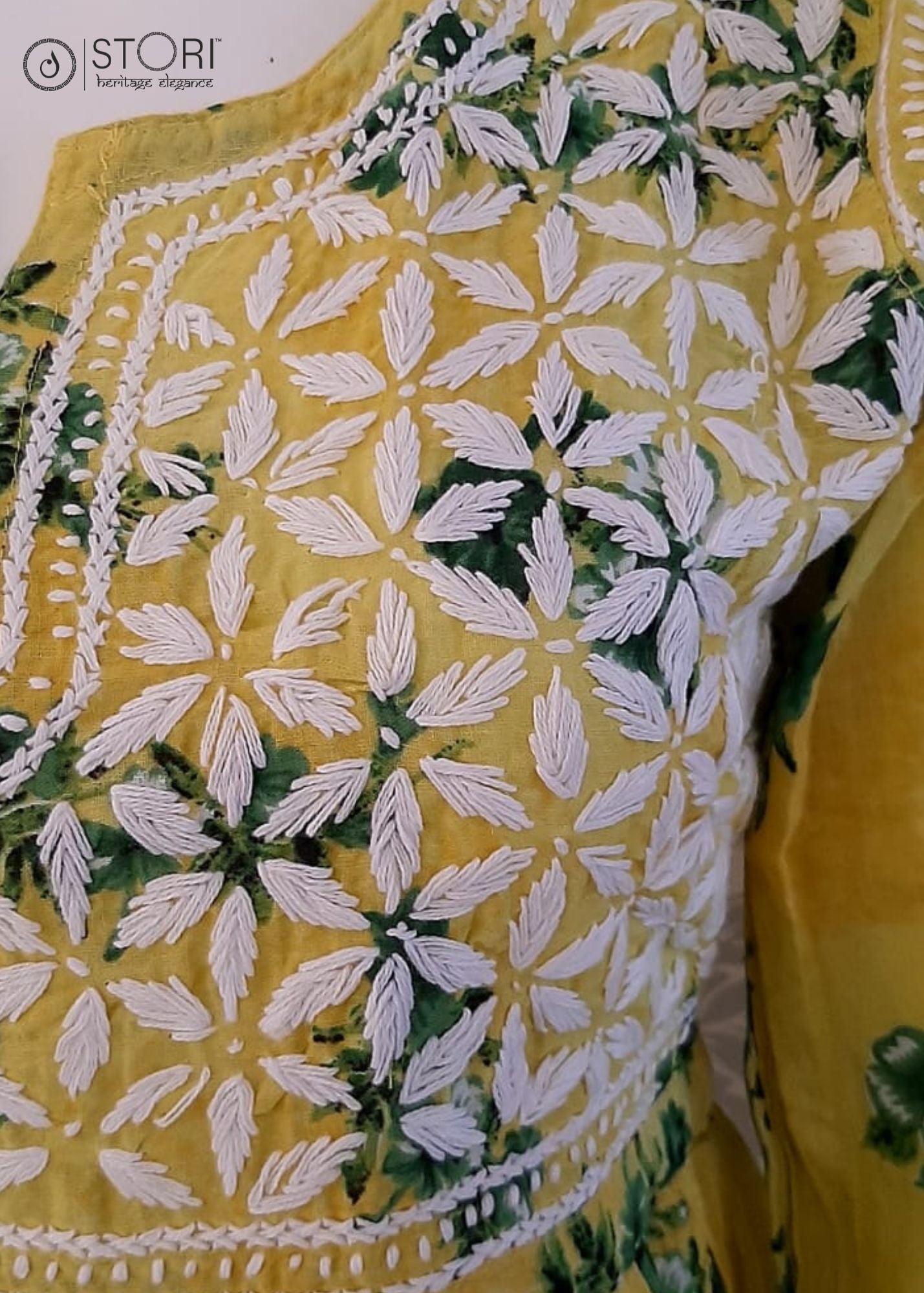 Floral Yellow Printed Cotton Mulmul Chikankari Short Kurti