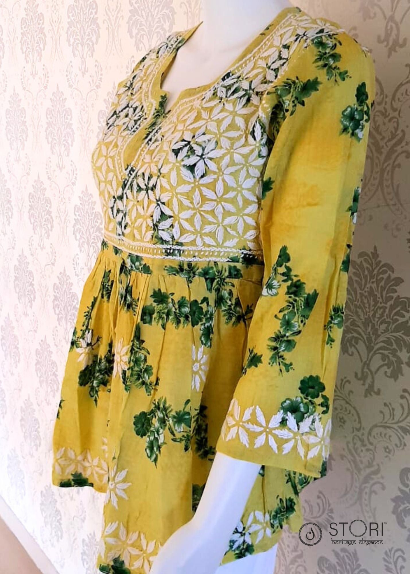 Floral Yellow Printed Cotton Mulmul Chikankari Short Kurti