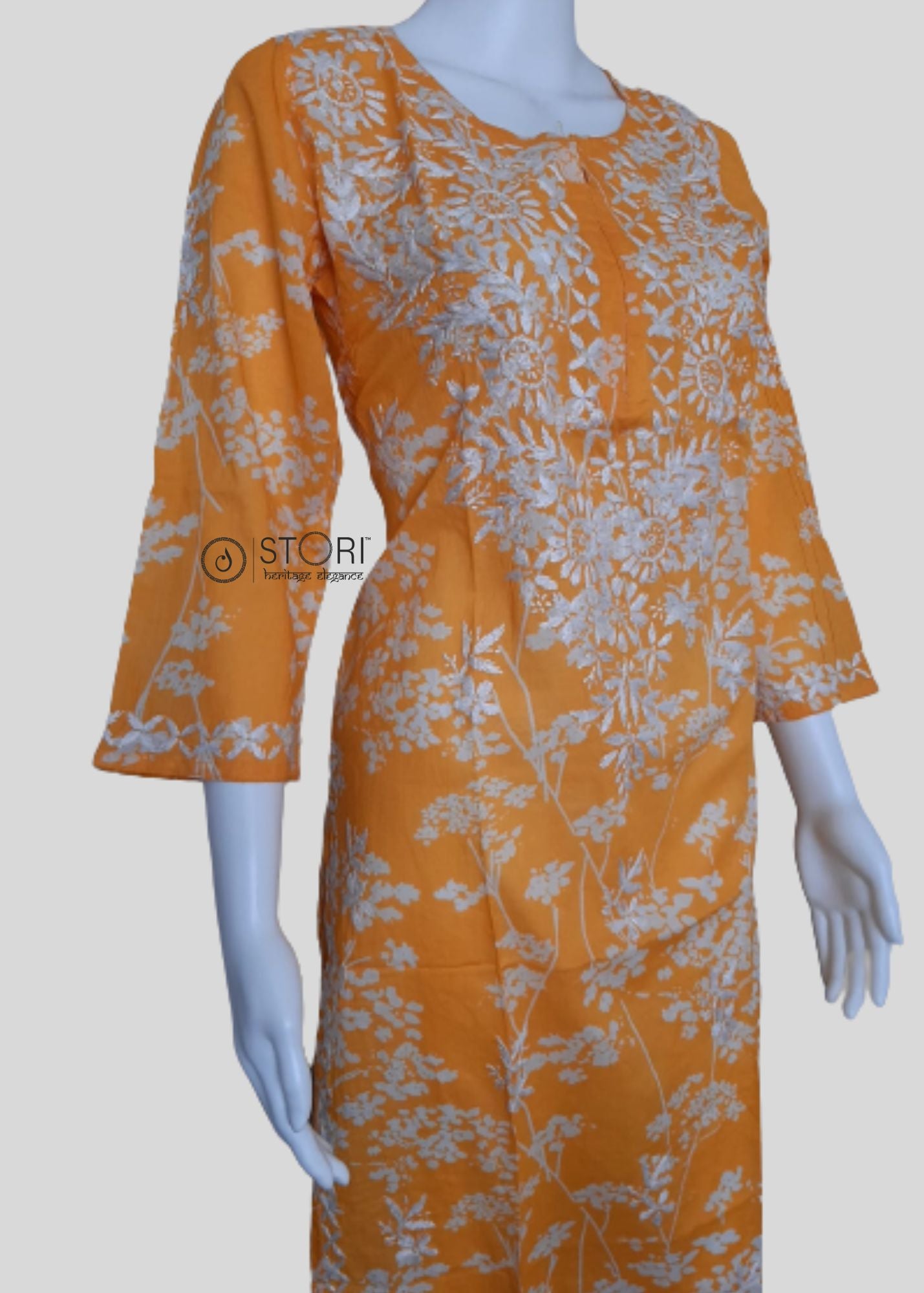 Bloom Mango Yellow Printed Mulmul Cotton Chikankari Kurti