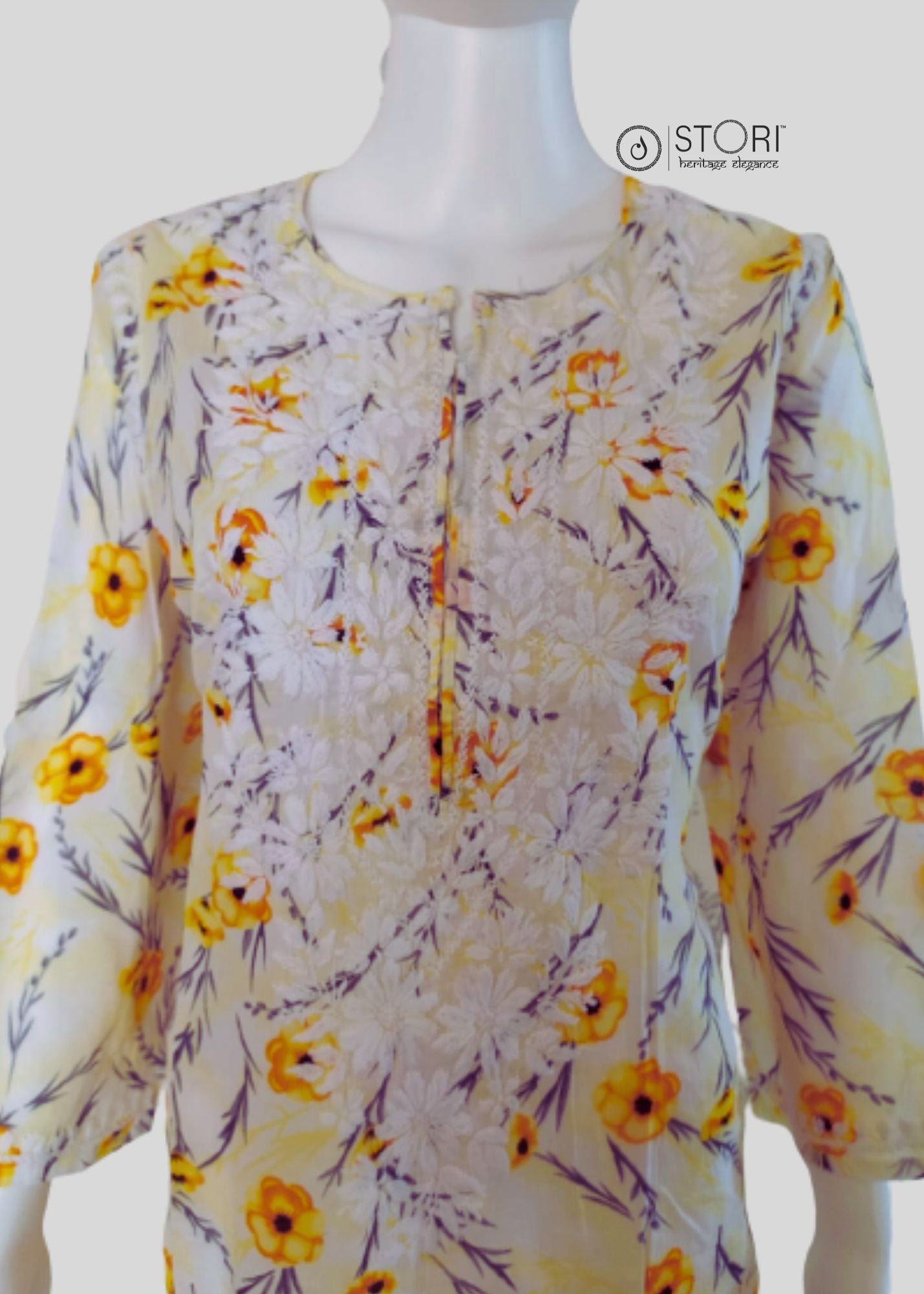 Floral Pale Yellow Cotton Mulmul Chikankari Kurti