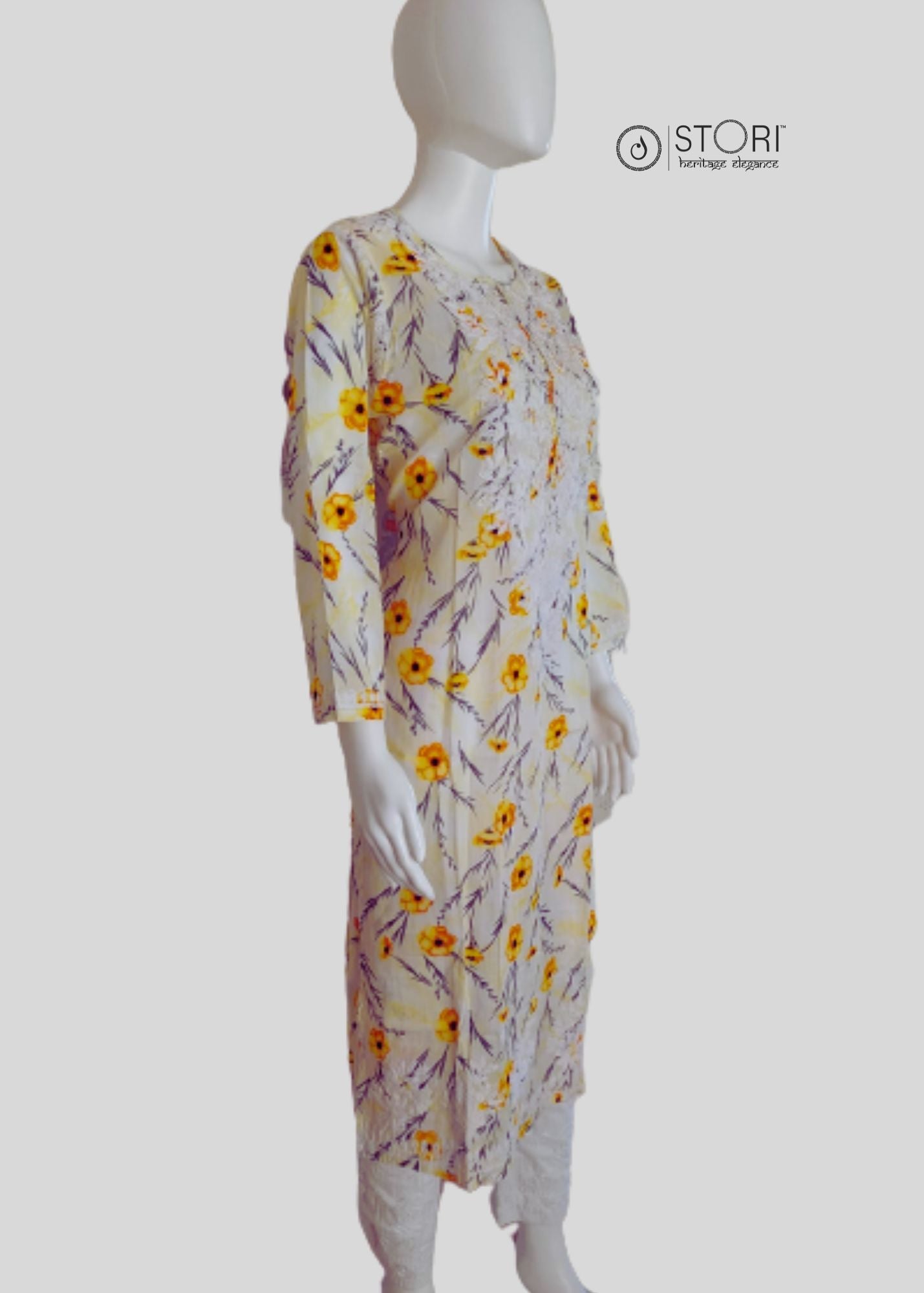 Floral Pale Yellow Cotton Mulmul Chikankari Kurti