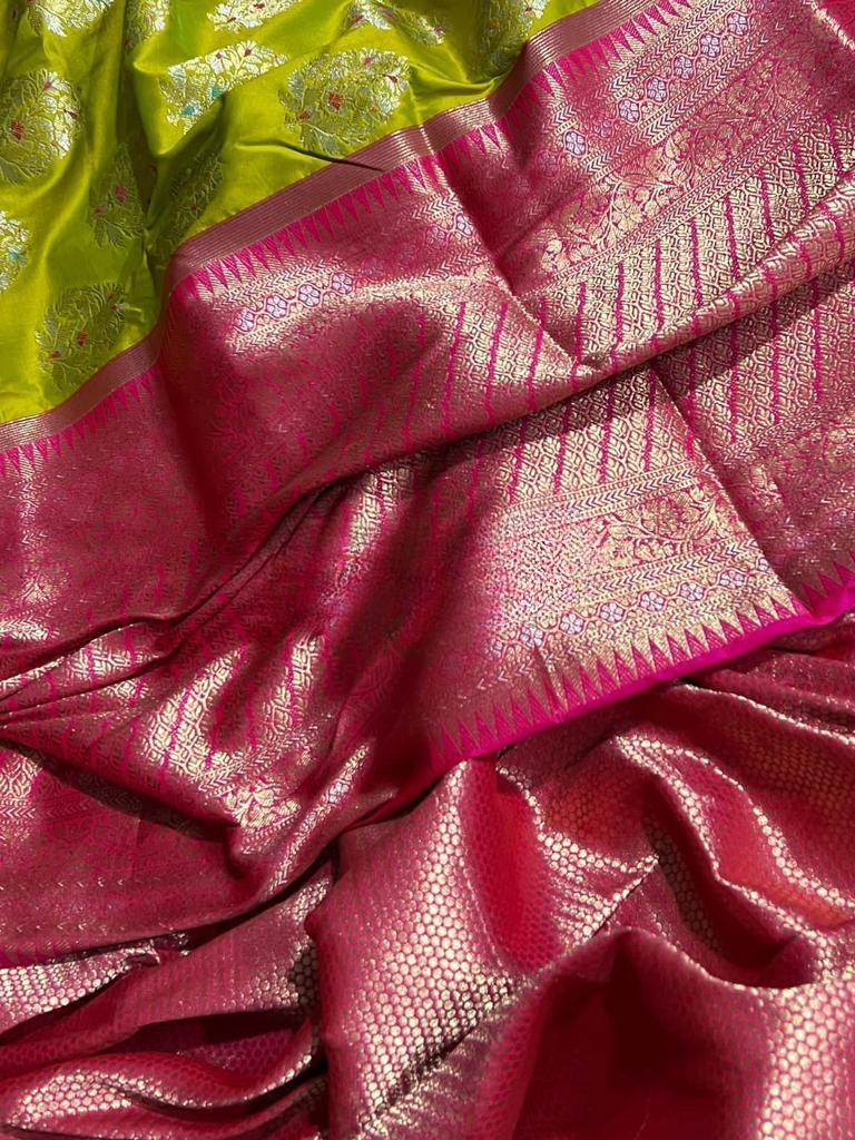 Bright Mehendi Green Pure Banarasi Silk Saree