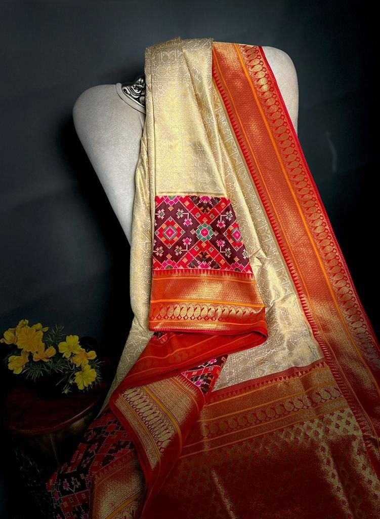 Alabaster White Pure Banarasi Katan Silk Patan Patola Saree