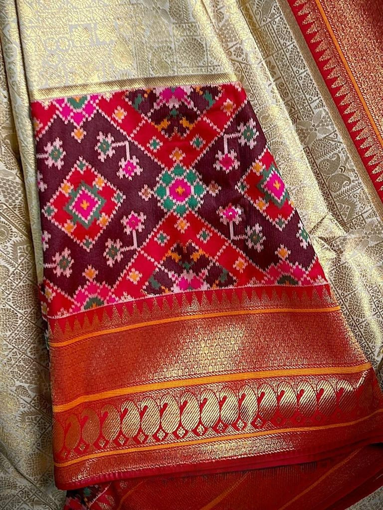 Rani Baagh: Double Ikat Patan Patola Saree And Meenakari Banarasi Bord –  Zari Banaras