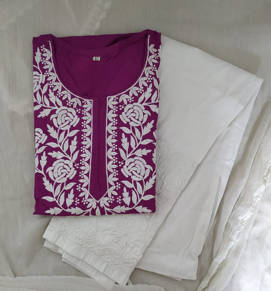 Magenta Pure Rose Pattern Cotton Chikankari Kurti