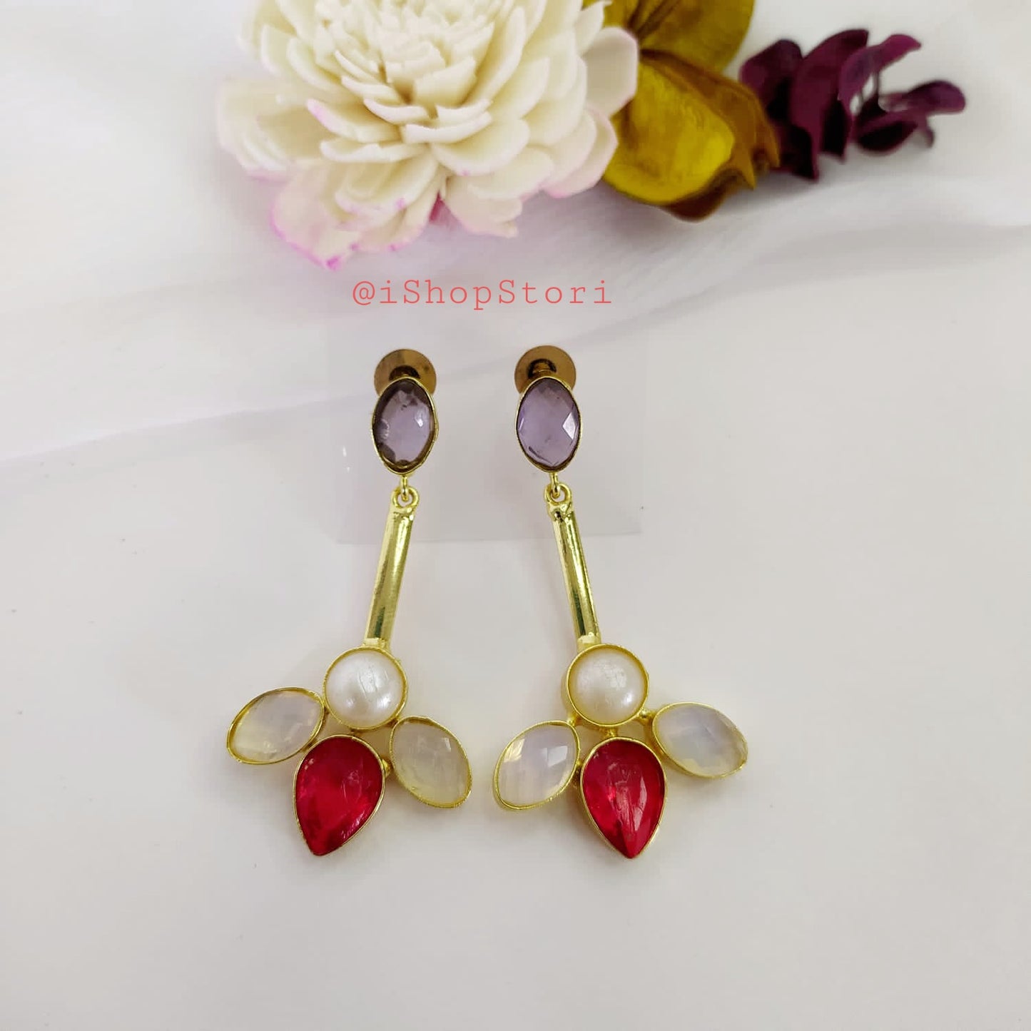 Vishana Tri Petal Stone Earrings