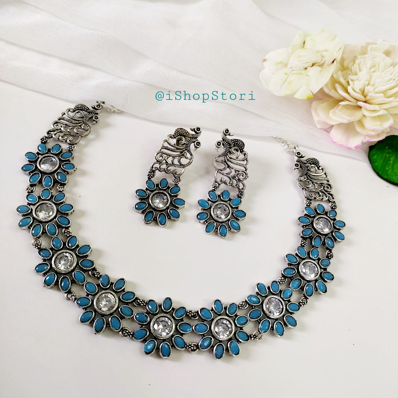 Taarika Floral Stones Oxidised Necklace Set