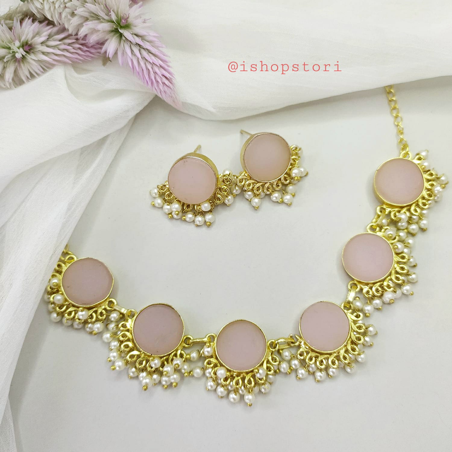 Nandini Single Color Half Pearls Necklace Set