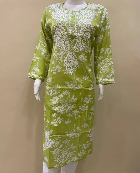 Bloom Bright Green Printed Mulmul Cotton Chikankari Kurti