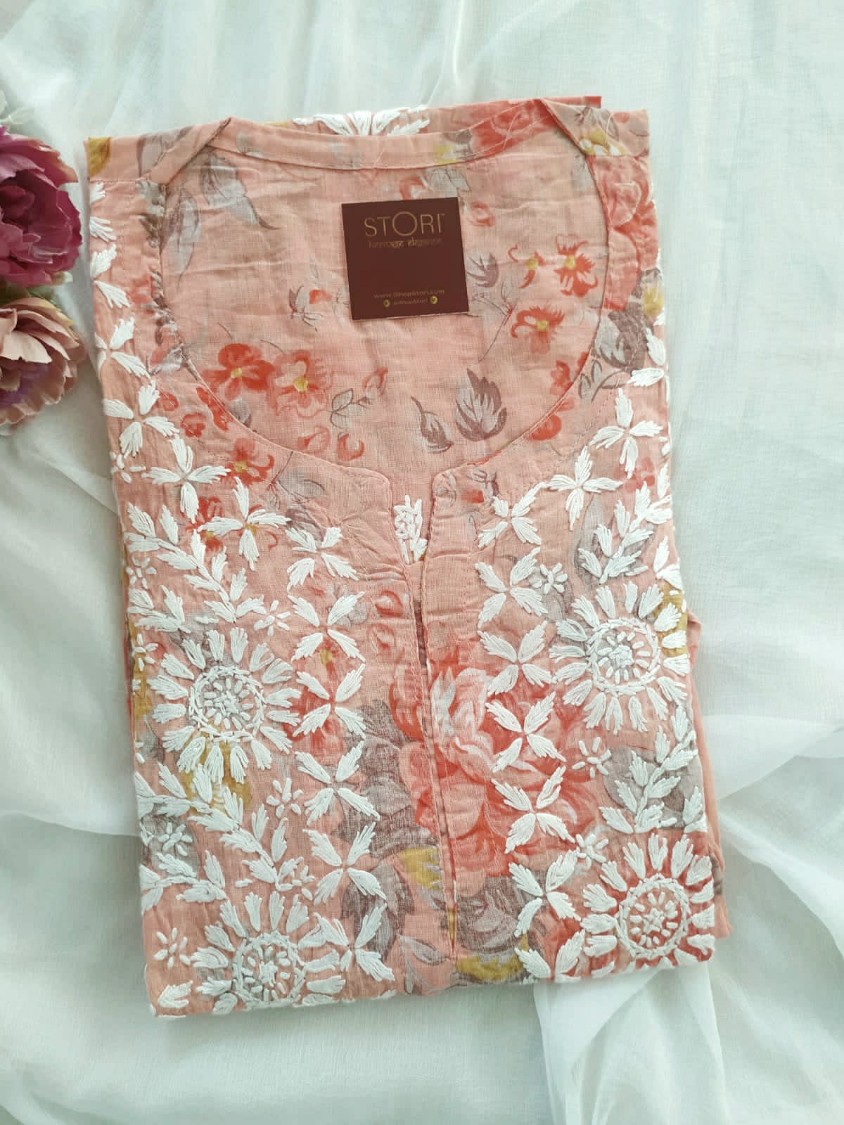 Floral Peach Cotton Mulmul Chikankari Kurti