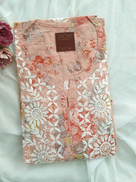 Floral Peach Cotton Mulmul Chikankari Kurti