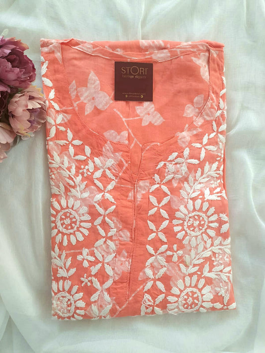 Petals Apricot Orange Cotton Mulmul Chikankari Kurti