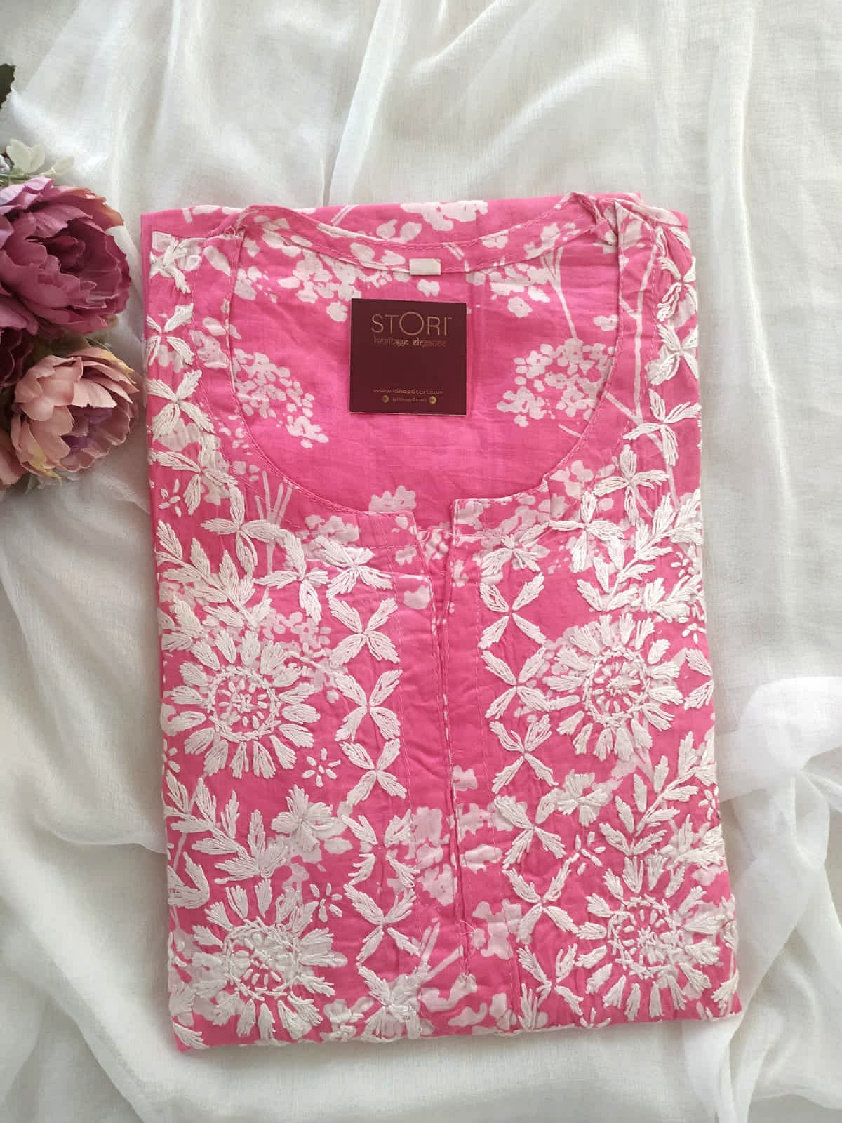 Bloom Bright Pink Printed Mulmul Cotton Chikankari Kurti