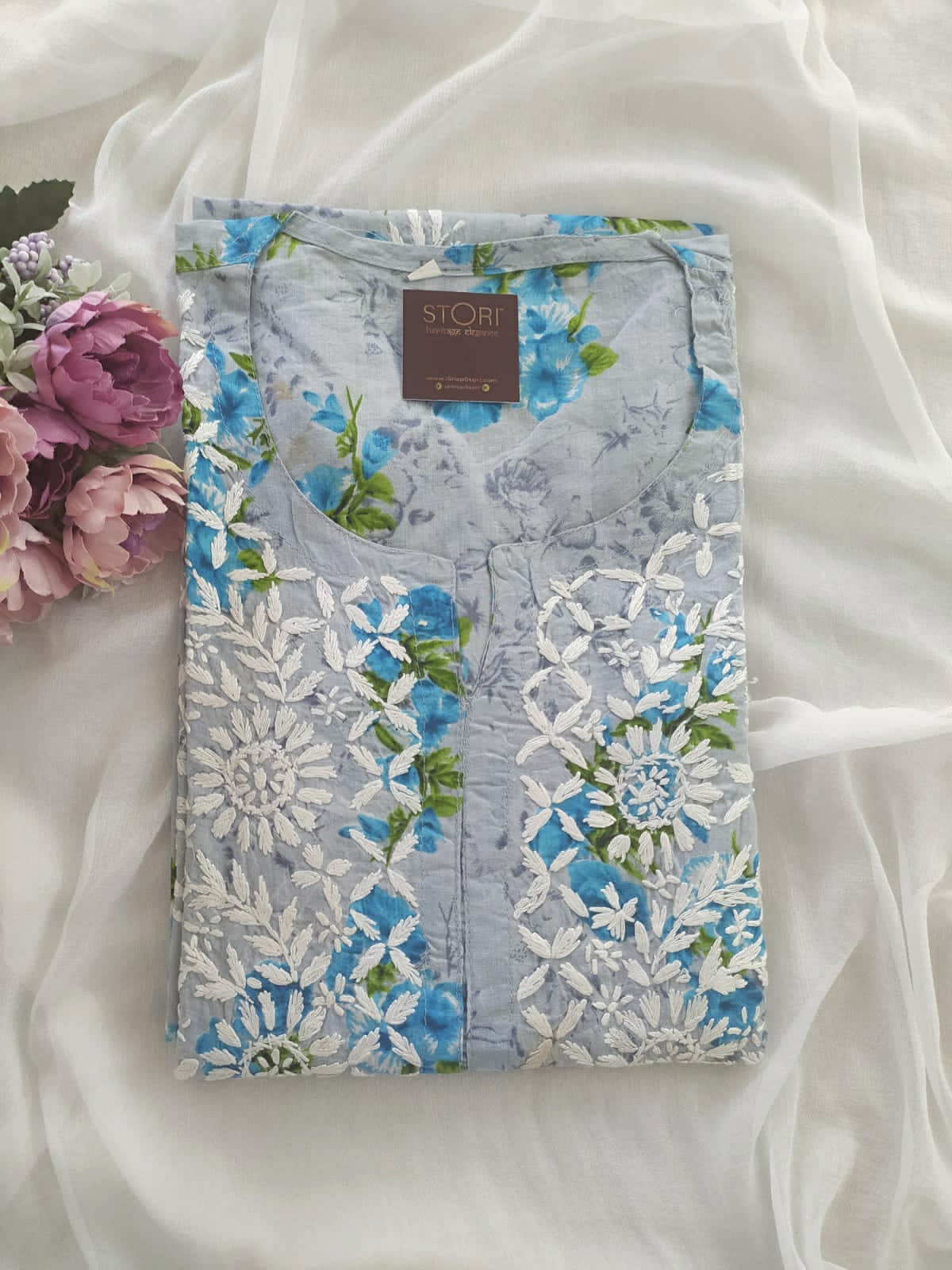 Floral Grey & Blue Cotton Mulmul Chikankari Kurti