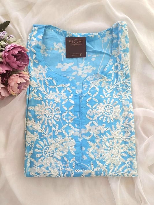 Bloom Sky Blue Printed Mulmul Cotton Chikankari Kurti