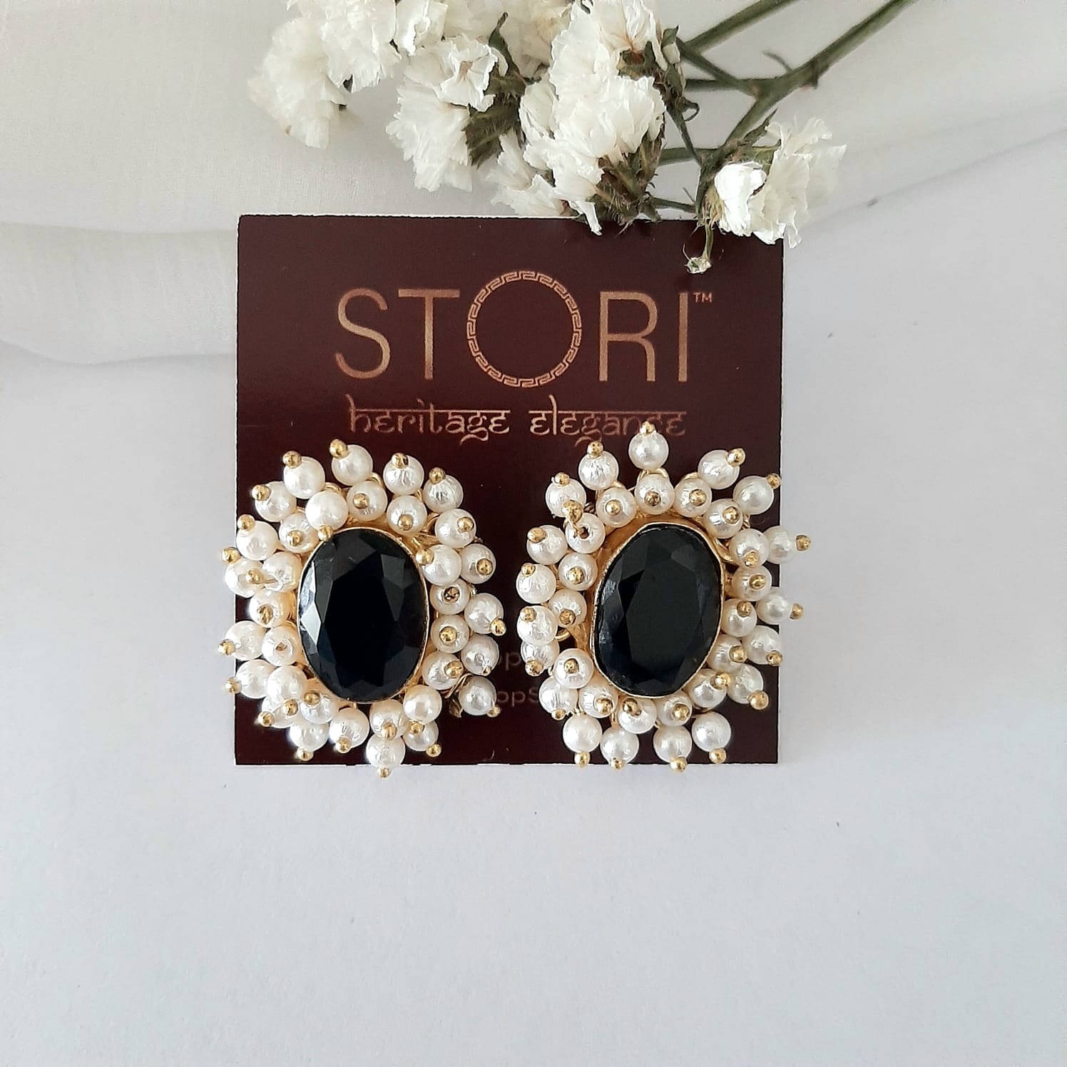 Mahuya Pearls Halo Oval Glossy Stone Earrings