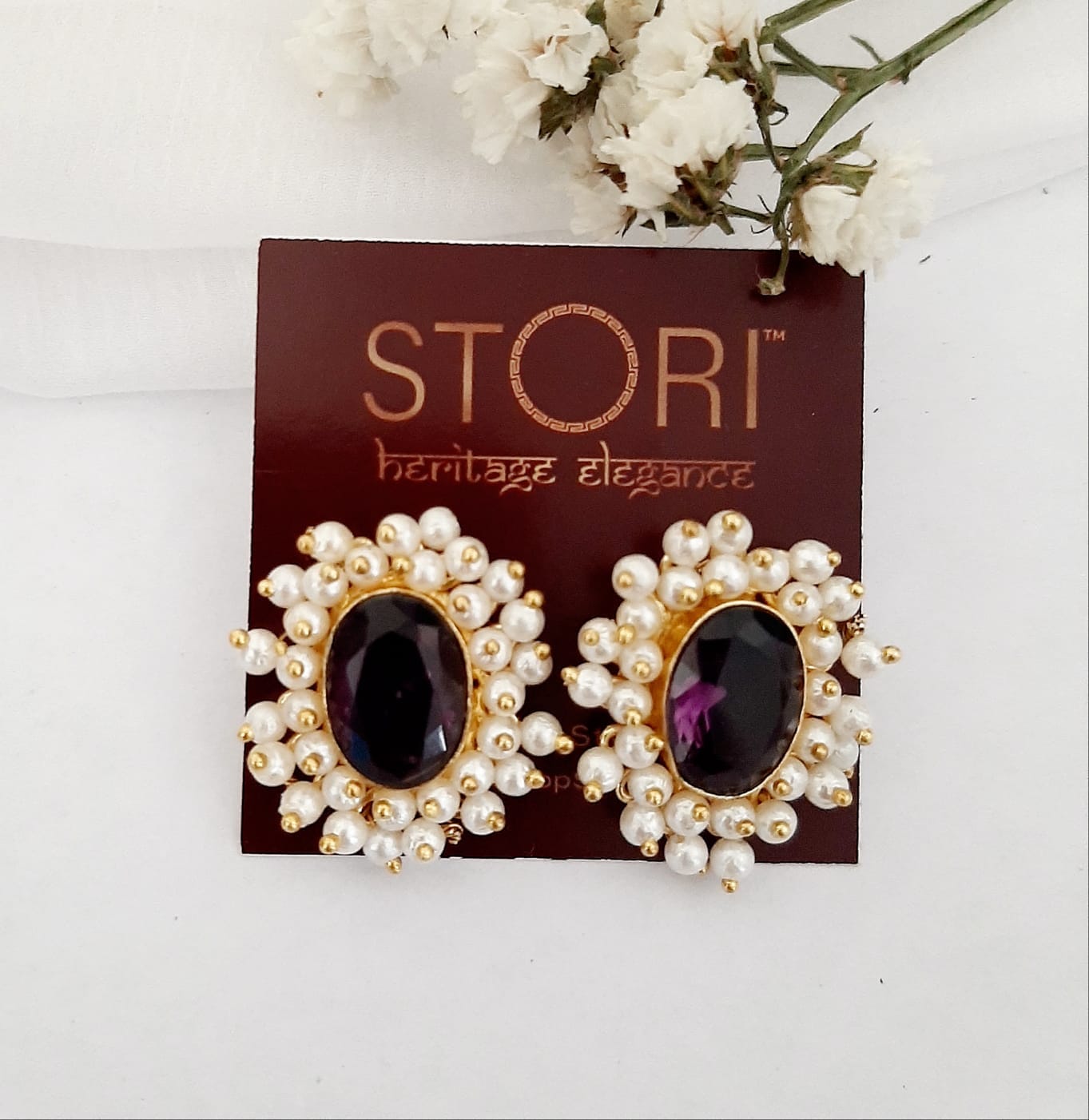 Mahuya Pearls Halo Oval Glossy Stone Earrings