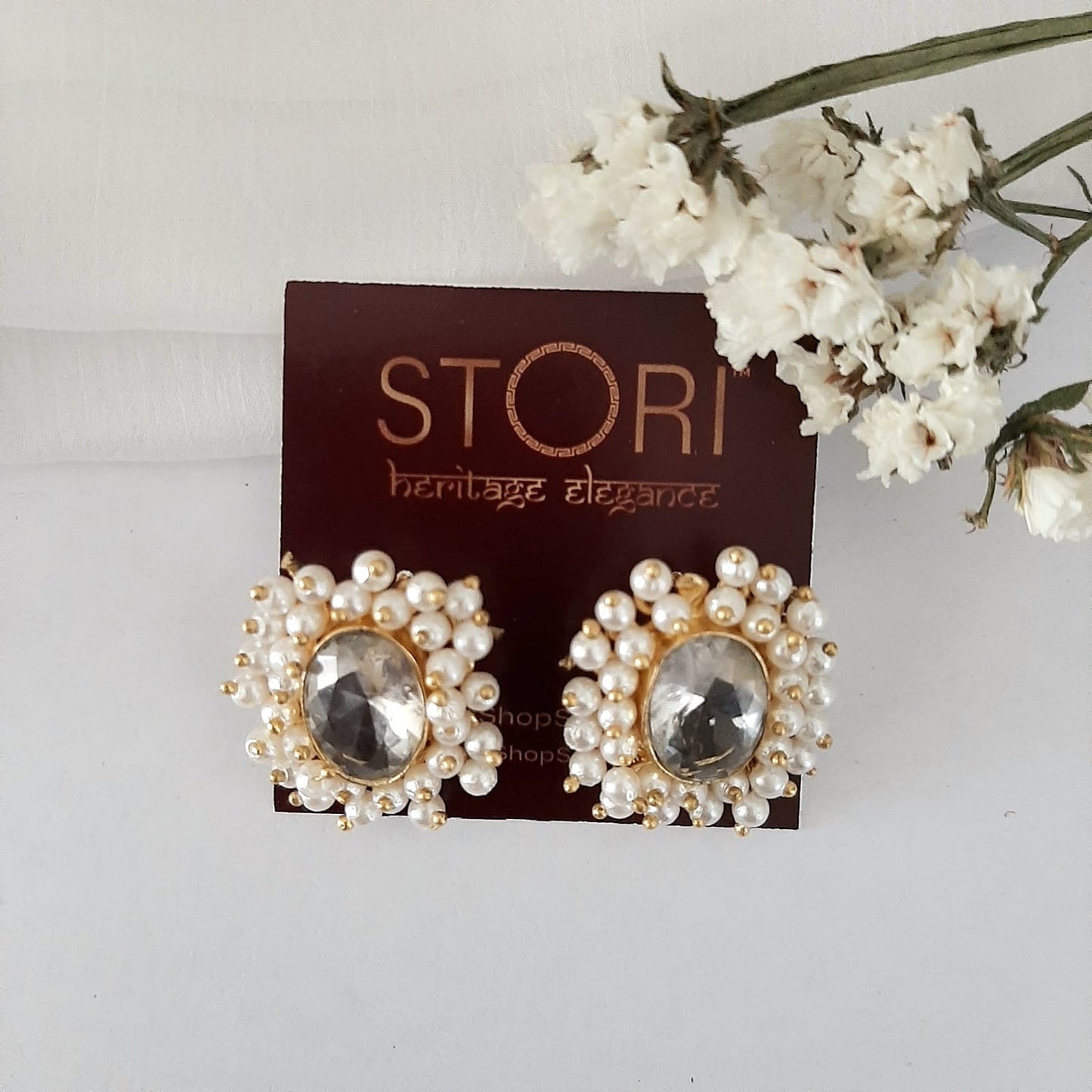 Mahuya Pearls Halo Oval Glossy Stone Earrings