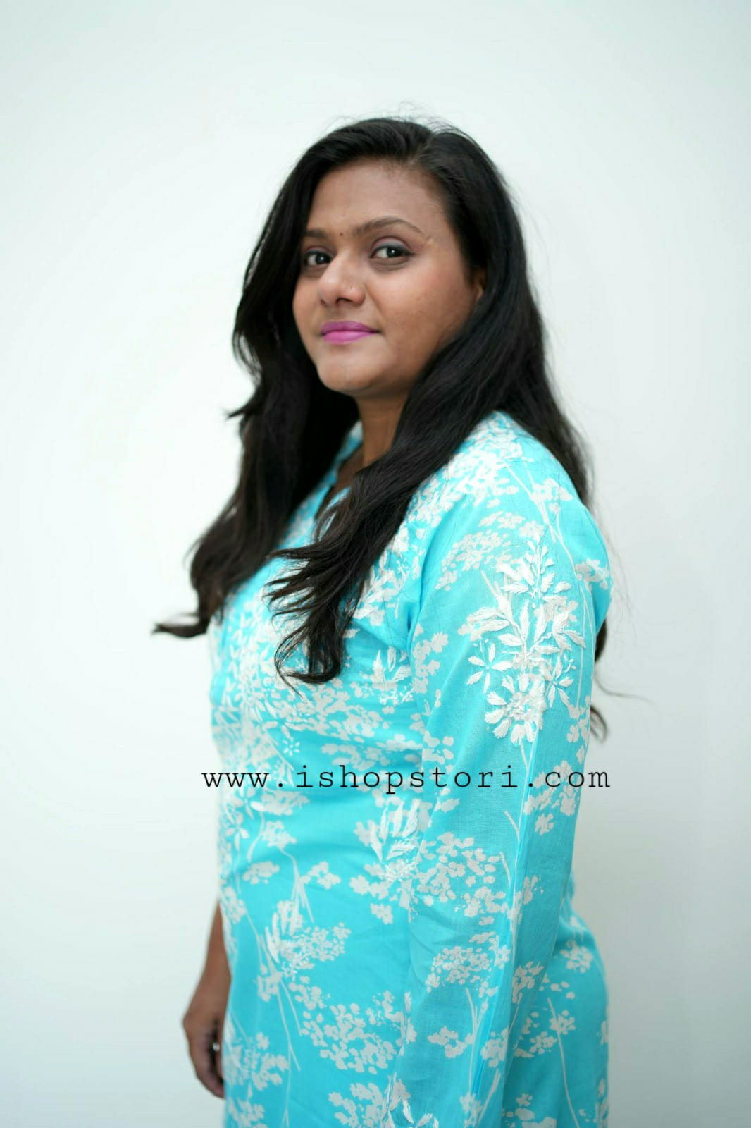 Bloom Sky Blue Printed Mulmul Cotton Chikankari Kurti