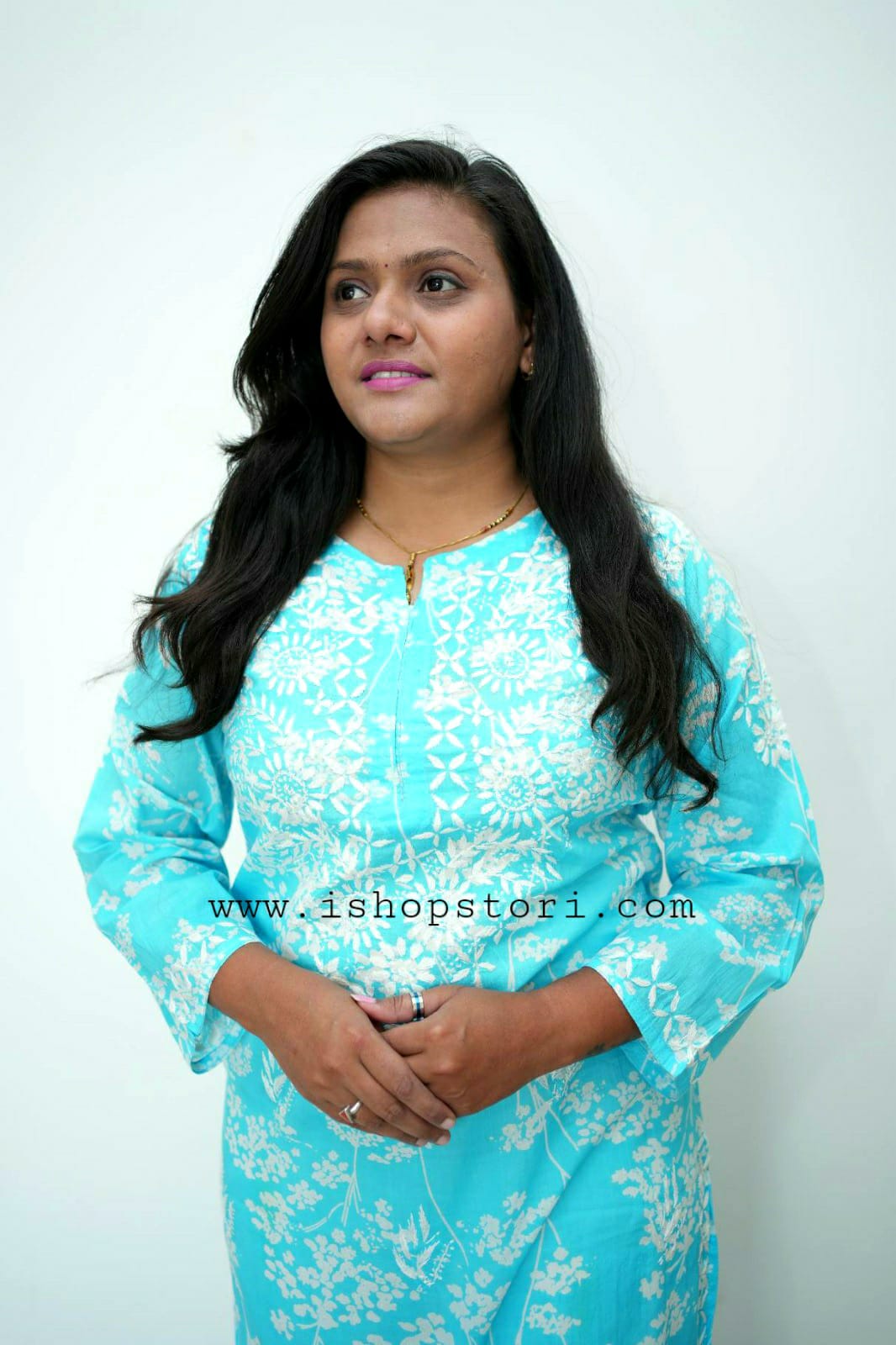 Bloom Sky Blue Printed Mulmul Cotton Chikankari Kurti