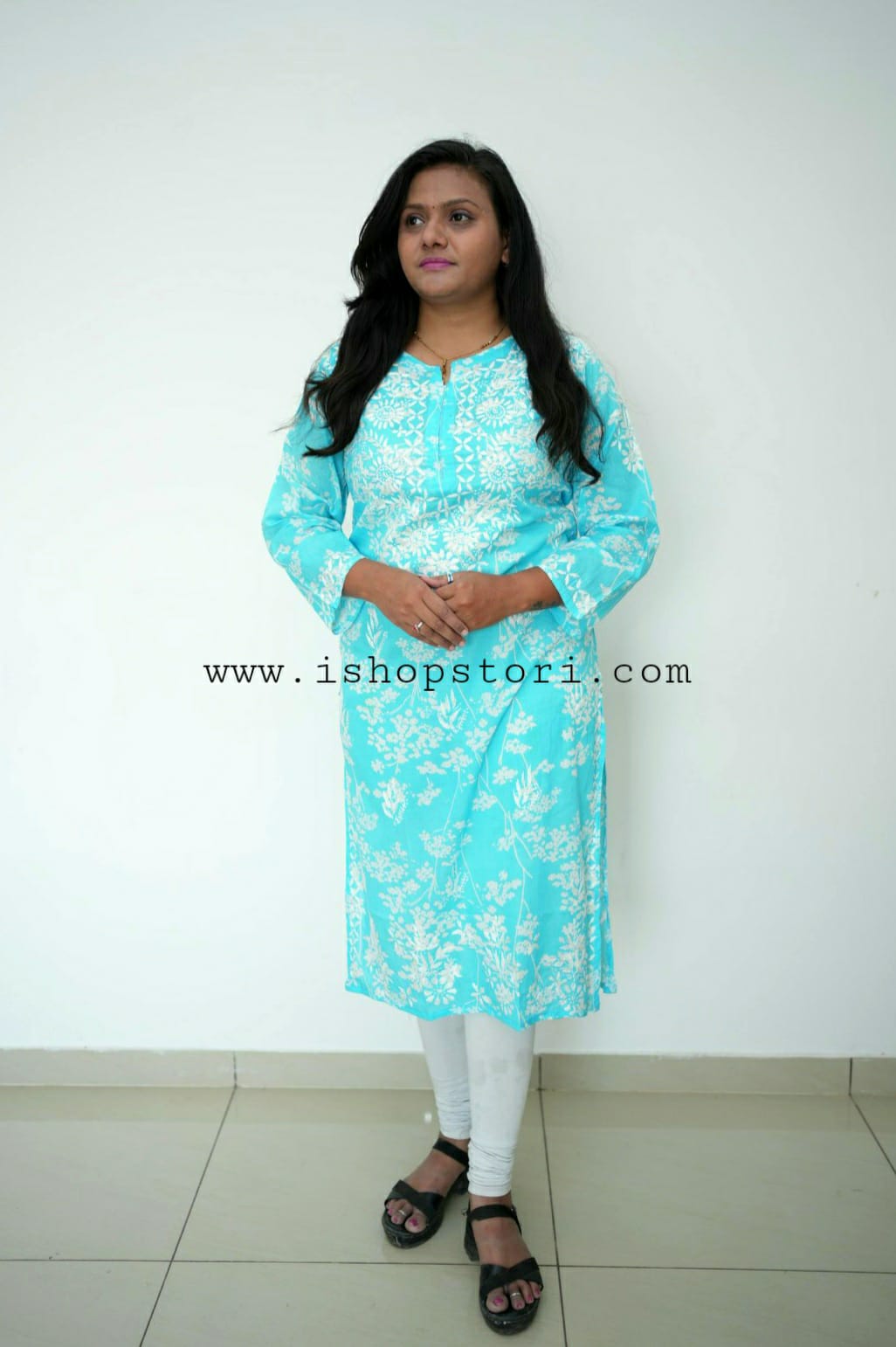 Bloom Sky Blue Printed Mulmul Cotton Chikankari Kurti