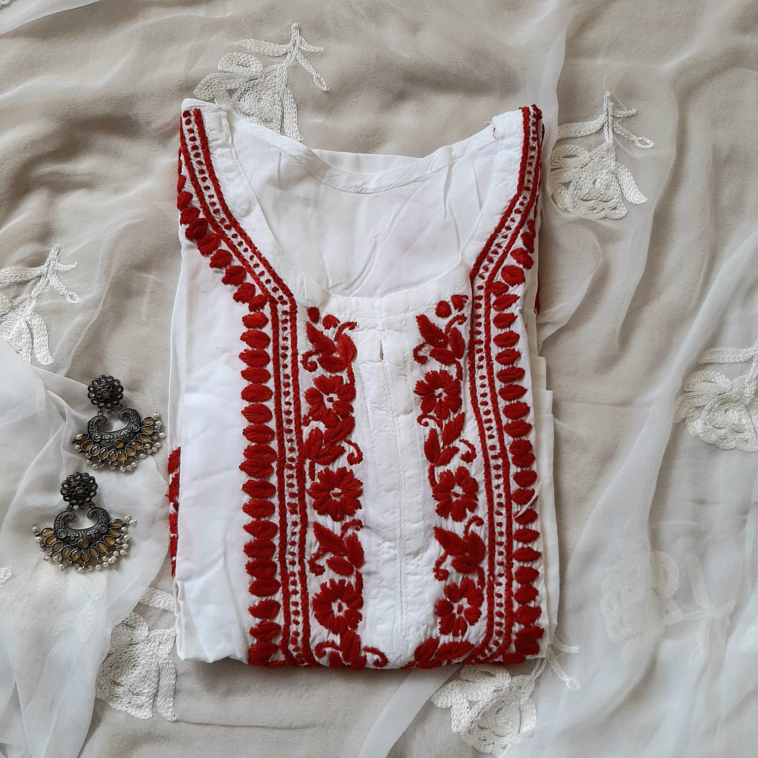 White & Red Soft Cotton Chikankari Kurti