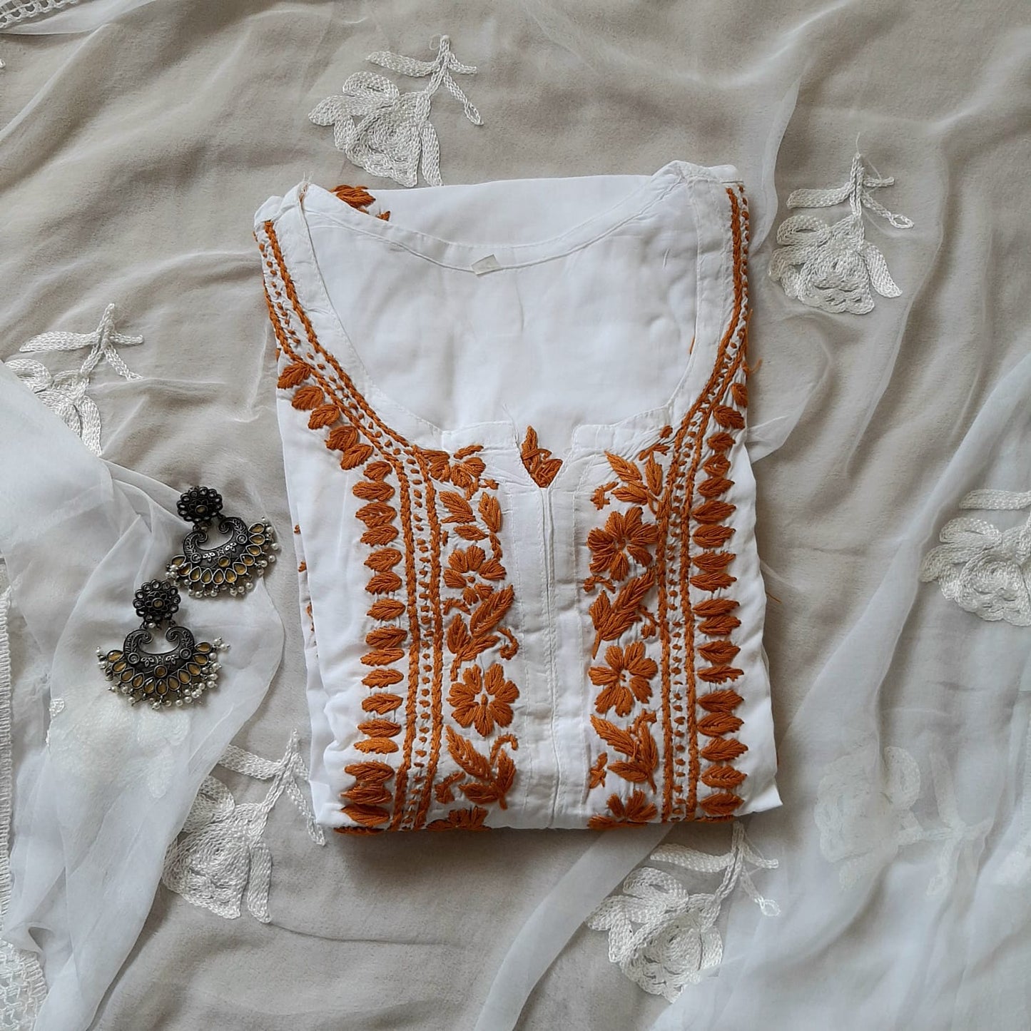 White & Brown Soft Cotton Chikankari Kurti