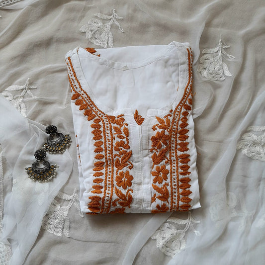 White & Brown Soft Cotton Chikankari Kurti