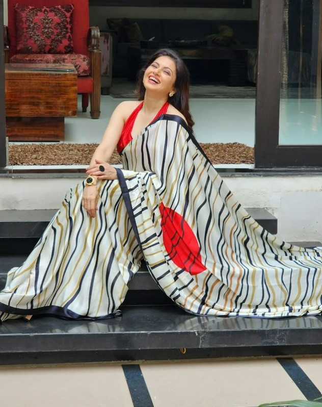BHAGYASHREE in Tisha Printed Stripes Satin Crepe Silk Saree