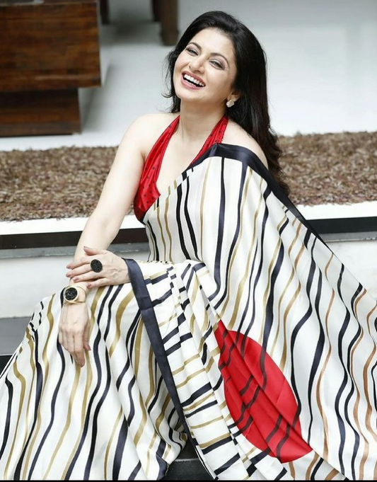 BHAGYASHREE in Tisha Printed Stripes Satin Crepe Silk Saree