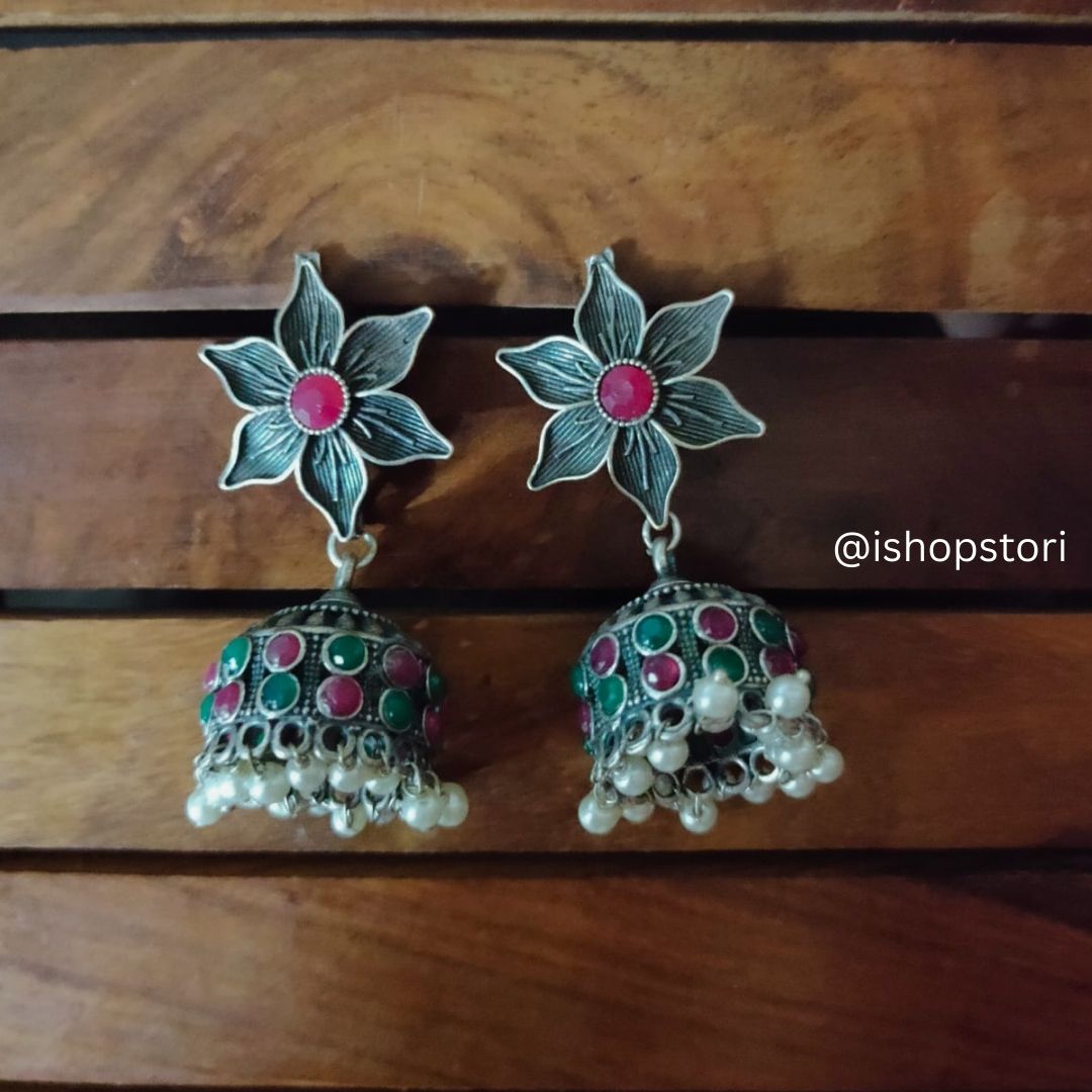 Daksha Floral German Silver Jhumki Earrings