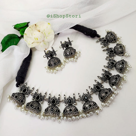 Snigdha Stones & Pearls Oxidised Necklace Set