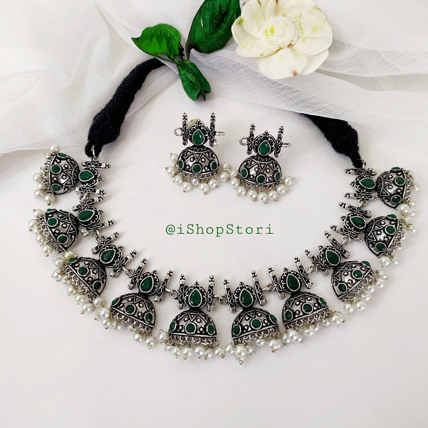 Snigdha Stones & Pearls Oxidised Necklace Set